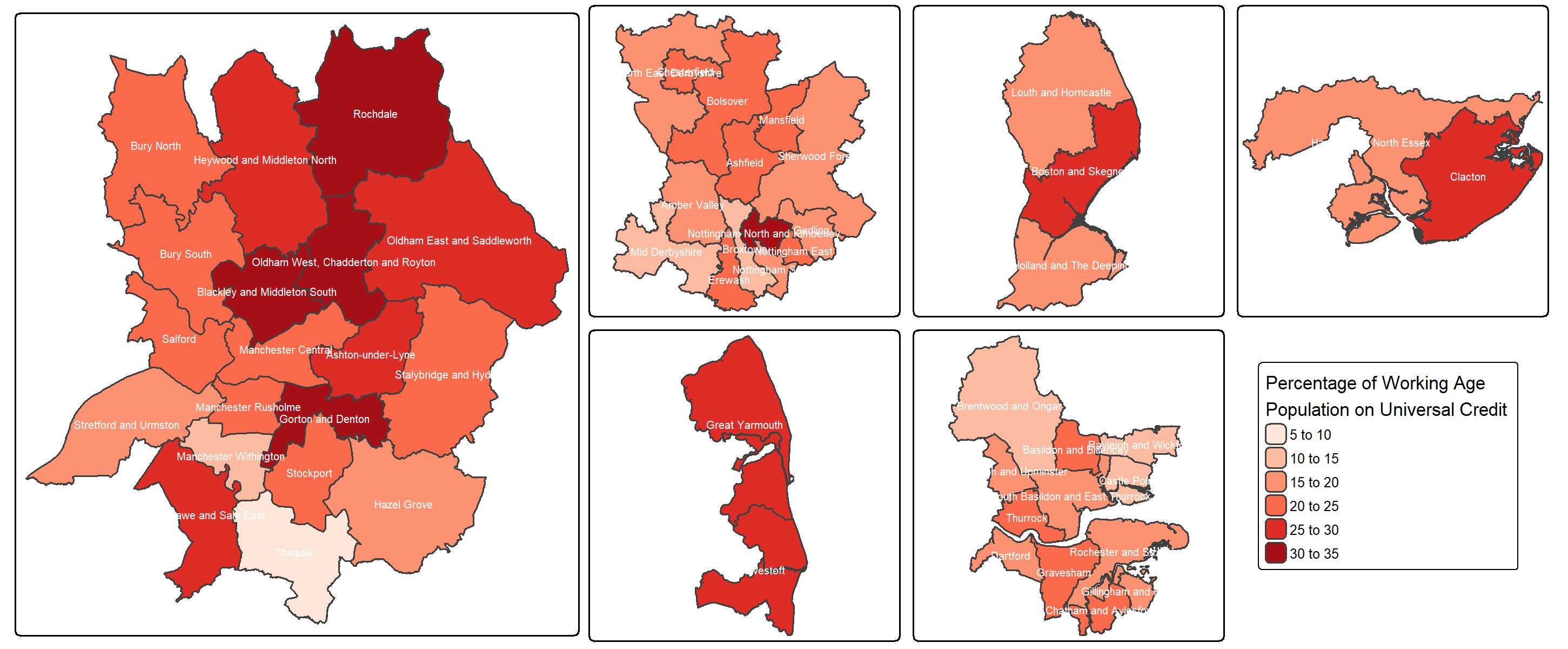 Manchester area and Reform constituencies by proportion of residents on Universal Credit